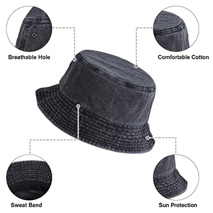 Washed Cotton Bucket Hats Packable Summer Beach Cap for Men Women - color: Ce-bh-black-white-gray