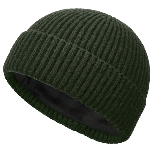 Short Wool Fisherman Beanie for Men Women Fleece Lined Winter Hat - color: 1pcs Army Green