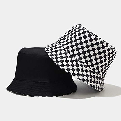 Unisex Print Bucket Hat Sun Hat for Women Men,Reversible Cotton Summer Beach Hat Fisherman Hat - color: Checkered