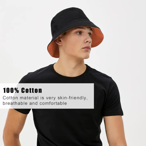 Oversize XXL Bucket Hat, Reversible Cotton Fisherman Hats, Unisex Double Side Wear Bucket Sun Hats with Chin Strap - color: Black-orange, size: X-Large