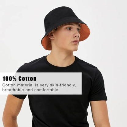 Oversize XXL Bucket Hat, Reversible Cotton Fisherman Hats, Unisex Double Side Wear Bucket Sun Hats with Chin Strap - color: Black-orange, size: X-Large