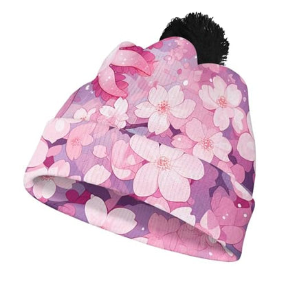 Girls Boys Winter Warm Knit Beanie Pompom Elasticity Slouchy Hat Skull Caps for Childrens - color: Cherry Blossom Axolotl