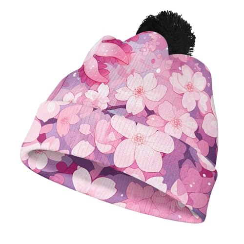 Girls Boys Winter Warm Knit Beanie Pompom Elasticity Slouchy Hat Skull Caps for Childrens - color: Cherry Blossom Axolotl