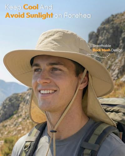 Sun Hats for Men Wide Brim Bucket Hat with Neck Flap for Fishing & Hiking Mens Sun Hat for UV Protection - color: Khaki