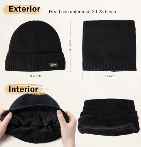 Wmcaps Fleece Lined Beanie Scarf Set, Warm Knit Hat for Men Women - color: Brown
