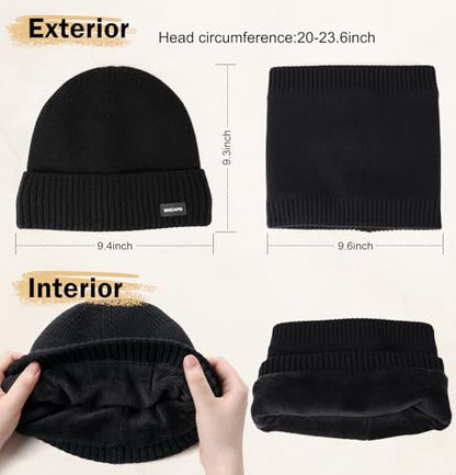 Wmcaps Fleece Lined Beanie Scarf Set, Warm Knit Hat for Men Women - color: Grey