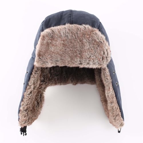 Home Prefer Mens Warm Faux Fur Trooper Trapper Hat Outdoor Reflective Winter Hunting Hat with Ear Flaps Face Mask - color: Navy Blue