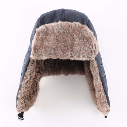 Home Prefer Mens Warm Faux Fur Trooper Trapper Hat Outdoor Reflective Winter Hunting Hat with Ear Flaps Face Mask - color: Navy Blue