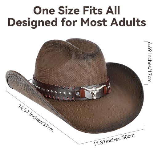WQWOVRVO Cowboy Hat,Cowgirl hat,Brown Cowboy Hats for Women/Mens Straw Wide with Shapeable Brim Western Cowboy Hat for Womens - color: Dark Brown