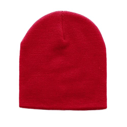 1 Pack Red Cuffless Knit Beanie Hat, Fine Gauge Acrylic Cap, Stretch Fit