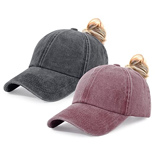 HH HOFNEN Ponytail Hat for Women Washed Distressed Baseball Cap Ponycaps - color: #1 Black+red