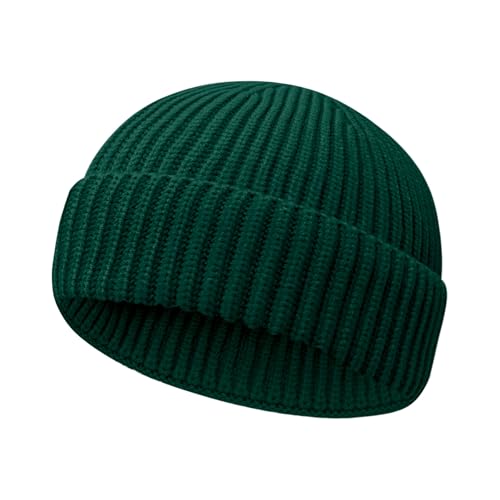 Wool Fisherman Beanies for Men Women Short Cuff Knit Beanie - color: Darkgreen