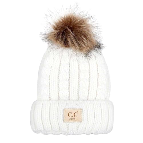 C.C Kids' Suede Patch Snuggly Soft Warm Knit Pom Cuff Beanie - color: Cable Knit Faux Fur, Ivory