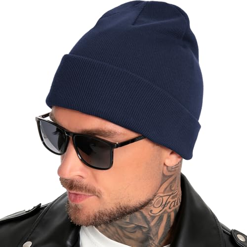 100% Cotton Beanie for Women Men Soft Knit Beanies Warm Winter Hat - color: Navy Blue