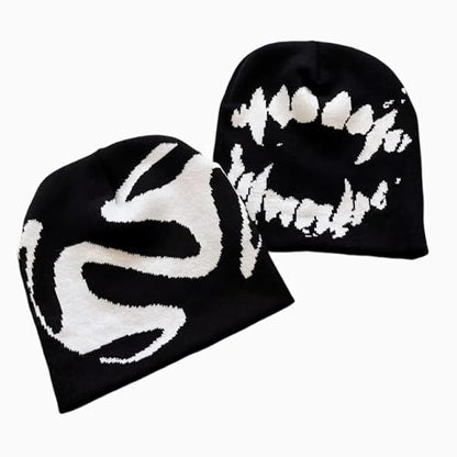 Black Graphic Beanie for Men Women, Streetwear y2k Knitted Hat, Slouchy Goth Skull Cap (2 pcs)