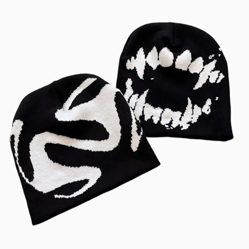 Black Graphic Beanie for Men Women, Streetwear y2k Knitted Hat, Slouchy Goth Skull Cap (2 pcs)