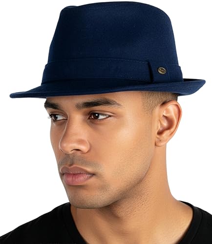 Funky Junque Fedora Hats for Men – Classic Wool Blend Trilby Dress Hat, Short Brim Men’s Fedoras for Formal & Casual Wear - color: Navy, size: 6 3/4-7 1/8