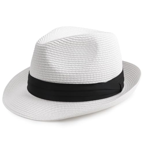 AQOKKA Summer Straw Fedora Hat for Women Men Travel Panama Hat with Wide Brim Roll Up Sun Hat for Beach Outdoor UPF 50+ - color: A White