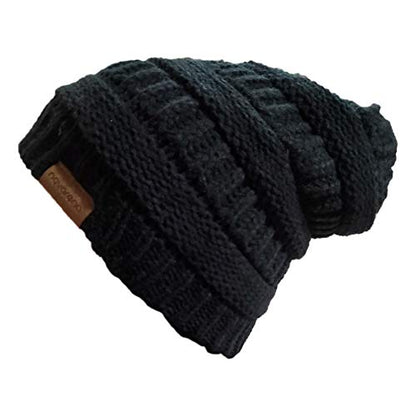 Novarena Thick Cable Knit Faux Fuzzy Fur Pom Fleece Lined Skull Cap Cuff Beanie - color: Black Beanie