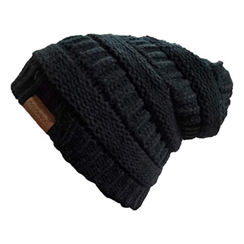 Novarena Thick Cable Knit Faux Fuzzy Fur Pom Fleece Lined Skull Cap Cuff Beanie - color: Black Beanie