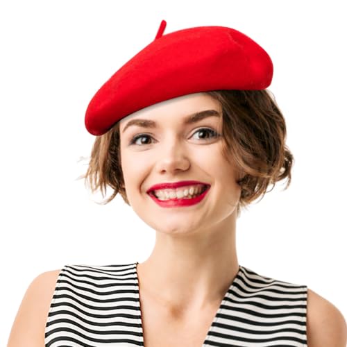 French Beret Hats for Women - Soft Warm Wool Solid Color Beanie Winter Cap - color: Red