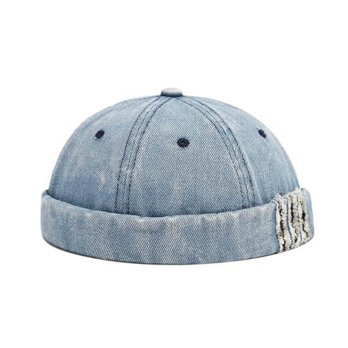 Unisex Washed Denim Distressed Rolled Cuff Brimless Docker Cap - color: Blue