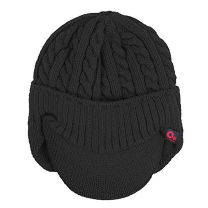 Original One Winter Ear Flap Visor Beanie Lining Hat with Billed Knit Brimmed Cap - color: Black