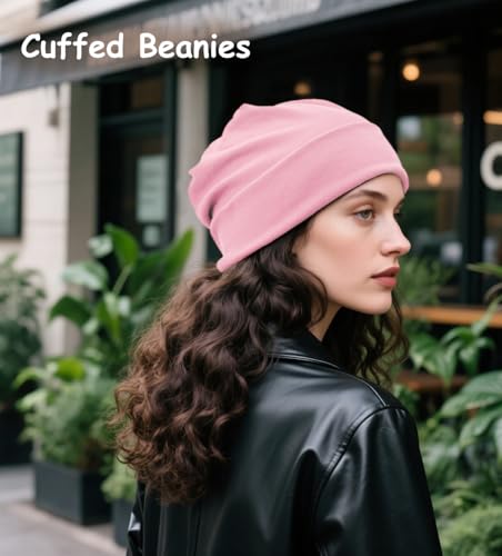 Slouchy Beanie for Women Men Thin Knit Winter Hat 93% Cotton Beanies - color: Pink