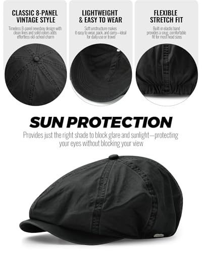 CLAPE Newsboy Caps for Men, Vintage 8 Panel Cotton Flat Cap, Breathable Stretch Fit Men's Newsboy Hat for Driving, Travel