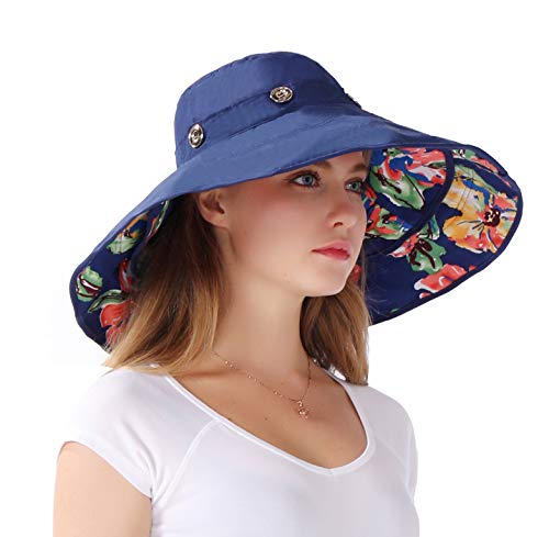iHomey Packable Shapeable Extra Large Brim Floppy Sun Hat Reversible UPF 50+ Beach Sun Bucket Hat - color: Deep Blue-flower