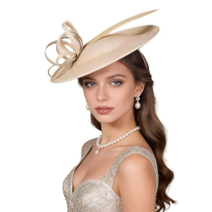 Women's Fascinators Feather Polyester Kentucky Derby Saucer Hats with Headband - color: Champagne