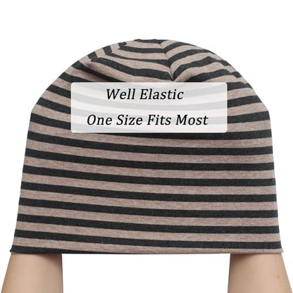 ZLYC Cotton Thin Slouchy Beanie Hat for Men Women Stretch Skull Cap - color: Striped Dark Gray Khaki, size: One Size