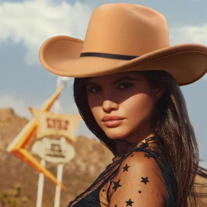 AQOKKA Western Cowboy Hats for Women Classic Felt Wide Brim Fedora Hat with Belt Buckle Retro Panama Hat Unisex Rolled up Cap - color: 1 Pc Fedora Hat : Camel