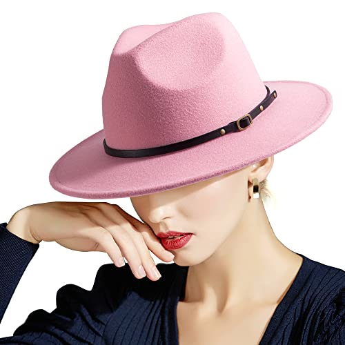 Felt Wide Brim Fedora Hats for Women Men, with Band Belt Buckle, Adjustable - color: P14 Pink