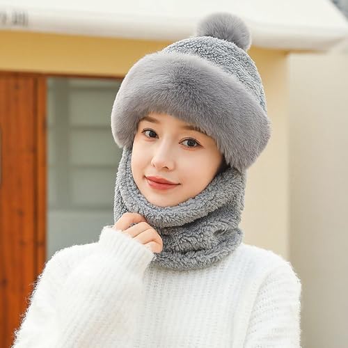 One-Piece Hat Womens Winter Warm Elastic Soft Ear Protection Knitted Scarf Mask Hat Fleece Lined Beanie Hat - color: H-grey