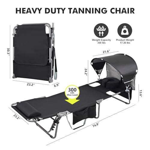 Tanning Chair with Sun Canopy Face Hole Softer Padded Adjustable Washable, Heavy Duty Layout Folding Lounge Chair for Adults Outside Beach Reading Sunbathing Poolside Lawn, UPF 50+ Sun Shade, 300 LBS - color: Black, size: Standard Size