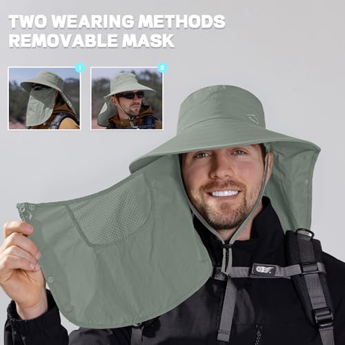 Rosoz Sun Hat for Men Women with Neck Flap& Removable Face Cover Wide Brim - color: 1pack-army Green