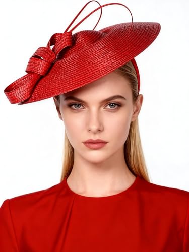 Vintage Fascinators Pillbox Hat for Women Straw Fedora Wide Brim Ladies Church Sinamay Derby Hats - color: Red