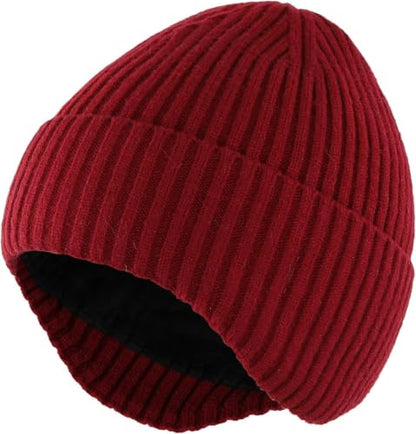 Home Prefer Fleece Lined Rib Knit Cuffed Beanie with Earflaps for Men Women - color: Wine Red