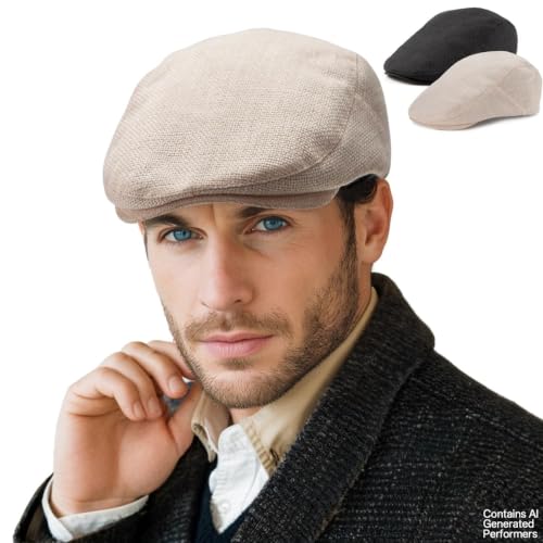 LADYBRO 2-Pack Unisex Flat Cap Newsboy Hats for Men Women Casual Adjustable - color: Black+ Beige