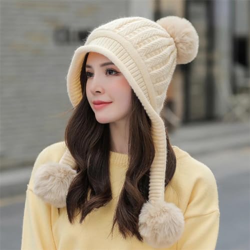 HUAMULAN Women Winter Knit Beanie Hat Circle Scarf Set Pompoms Ear Flaps - color: Beige Solid