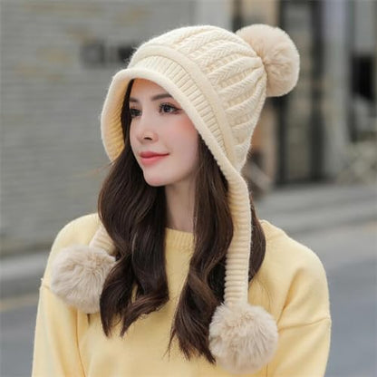 HUAMULAN Women Winter Knit Beanie Hat Circle Scarf Set Pompoms Ear Flaps - color: Beige Solid