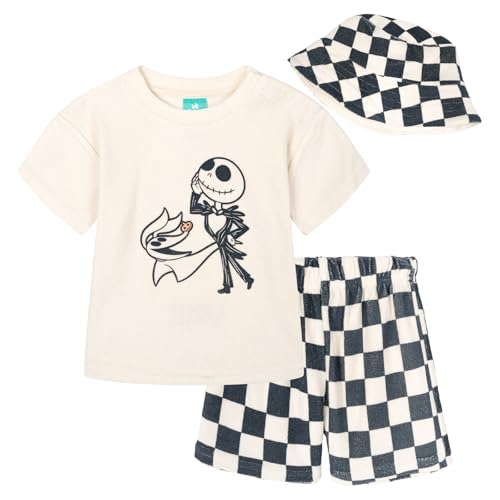 Disney Baby T-Shirt and Shorts Set with Bucket Hat Newborn to Infant - color: Cream Beige / Black, Jack Skellington, size: 6-9 Months