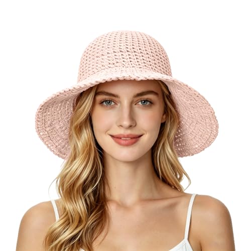 Straw Beach Sun Hats for Women Foldable Floppy Wide Brim Summer Travel Straw Sun Hat Packable Straw Bucket Hat - color: Pink