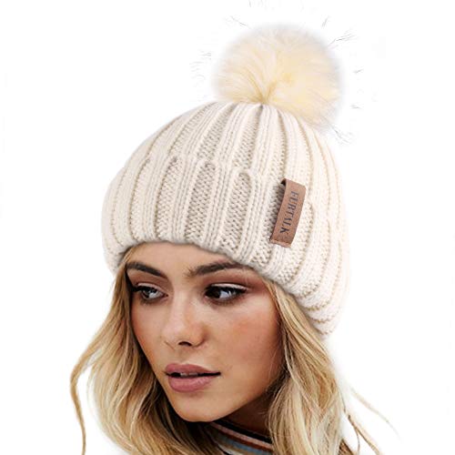 FURTALK Womens Winter Knitted Beanie Hat with Faux Fur Pom Warm Knit Skull Cap Beanie for Women - color: Beige With Beige Pom