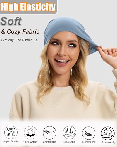 ROYBENS Thin 100% Cotton Beanie for Men Women Lightweight Slouchy Chemo Hat - color: 1pcs-blue Denim