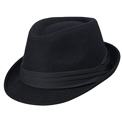 Womens Mens Classic Felt Trilby Hat Short Brim Fedora Hat Black Manhattan Gangster Jazz Hat for Unisex - color: Black