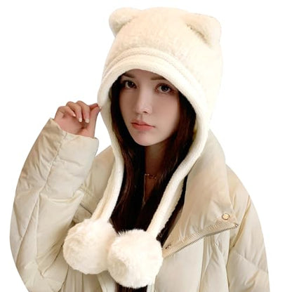 HUAMULAN Women Winter Sherpa Knit Beanie Hats with Pom Poms Ear Flaps - color: Xz3123-baise