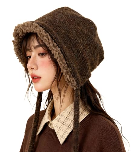 Women Winter Fleece Beanies Hat with Ear Flaps Soft Warm Crochet Skull Cap - color: A Coffee