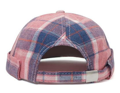 DIYDECAL Striped Plaid Brimless Worker Cap,Retro Skullcap Docker Hat for Men Womens - color: Pink